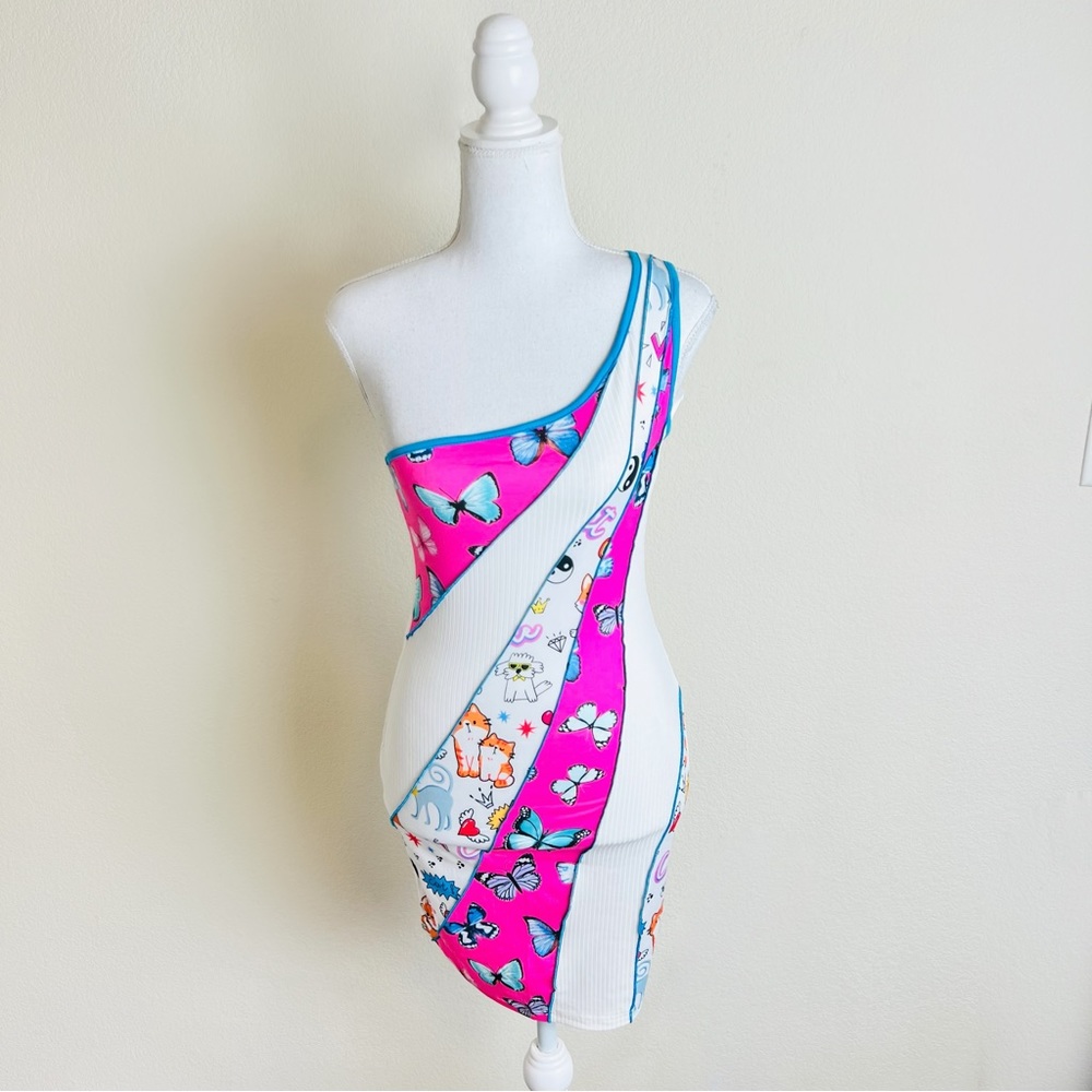 White Ribbed Contrast Stitch Butterfly Patchwork One Shoulder Bodycon Mini Dress
